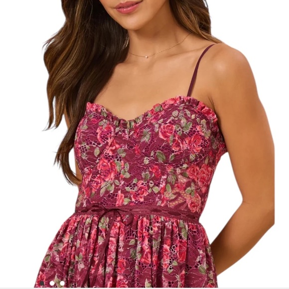 Altar’d State Liora Floral Maxi Dress Burgundy Lace Floral Corset Ribbon SZ XS - Picture 5 of 11